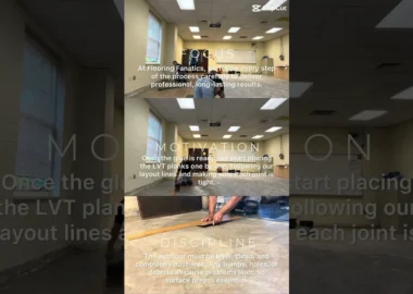 Glue-Down LVT Installation – Pro Tips for Durable & Professional Floors Installer pressing luxury vinyl tiles firmly into adhesive on a commercial floor